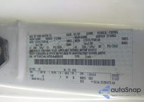 2007 Ford E-350 Super Duty Commercial/Recreational z USA, uszkodzony, nr VIN 1FTSE34L47DA48605